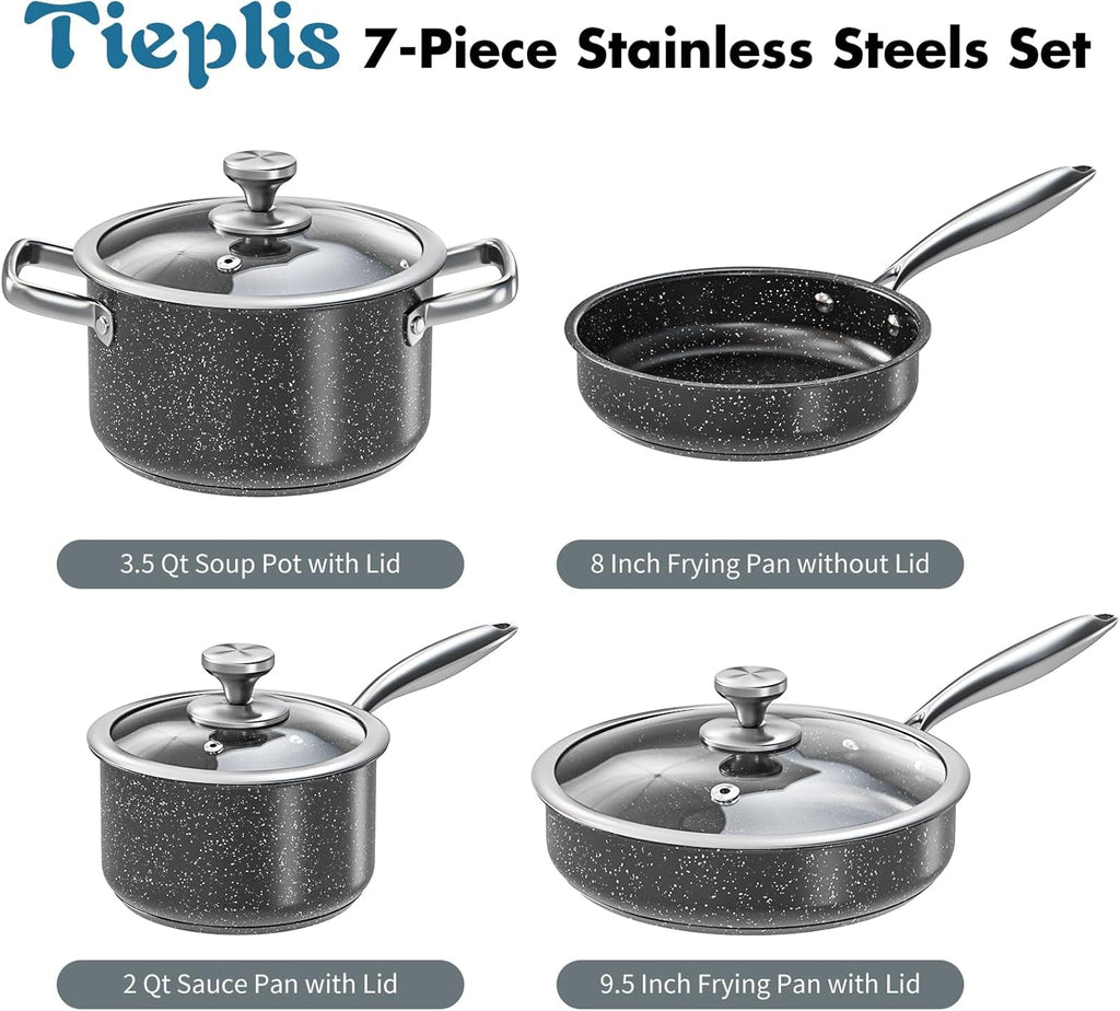 Stainless Steel Pots and Pans Set, 7-Piece Induction Hob Pan Set with Stay Cool Handles, Nonstick Saucepan Set Cooking Pans Set with Glass Lids, Black Granite Kitchen Cookware Set, for All Stove
