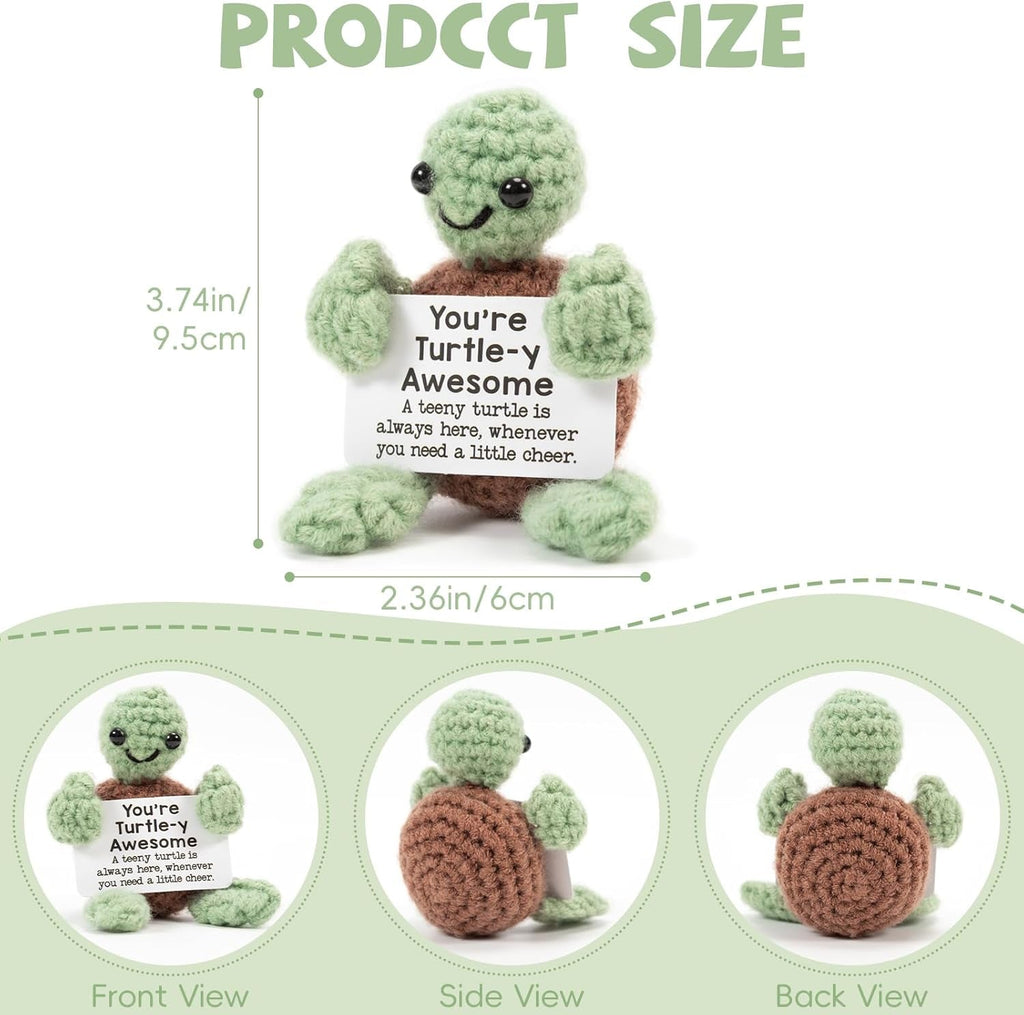 Funny Positive Turtle Gifts, Small Handmade Crochet Animals Cute Stuff, Birthday Gifts for Women, Emotional Support Presents for Women Christmas Home Desktop Decor (Green)