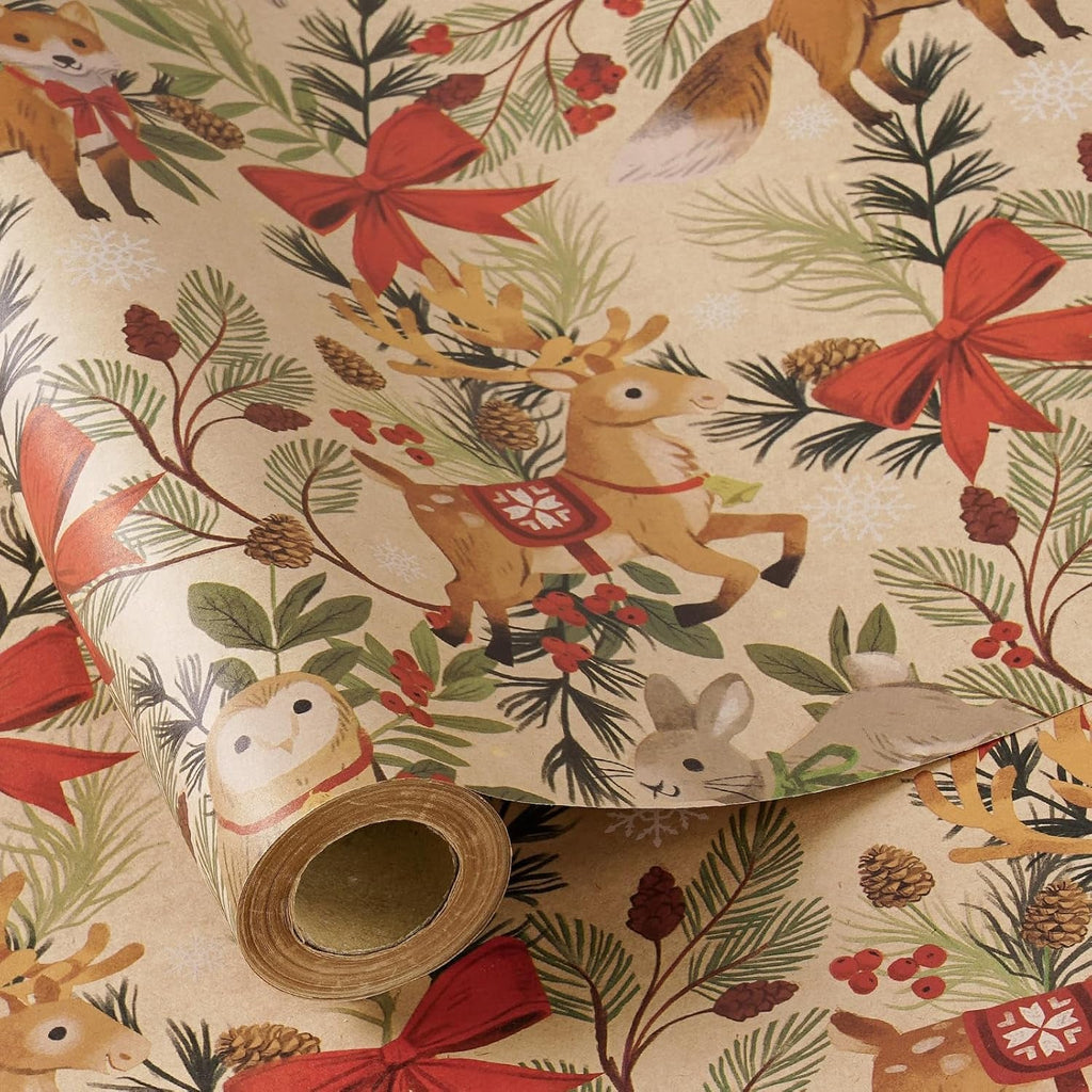 Christmas Wrapping Paper Roll for Boys Girls, Mini Roll, Woodland Animal Design with Fox, Reindeer, Owl and Bunny, Kraft Gift Wrap for Christmas, Winter Party, 43.2Cm X 5M