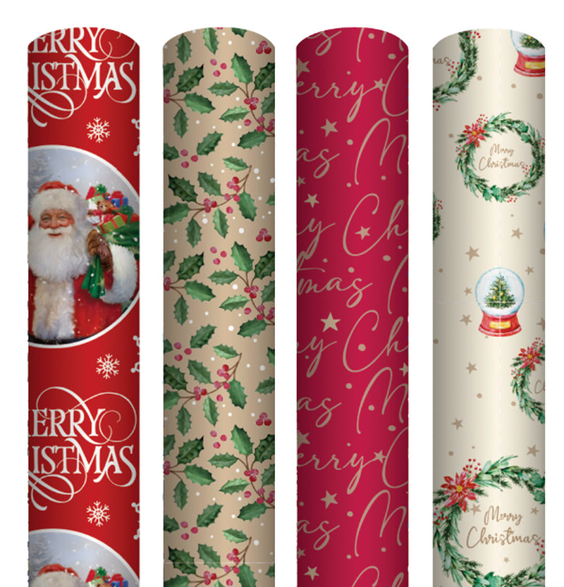 4 Rolls Christmas Gift Wrapping Traditional Paper 4M X 70Cm Roll 16 Metre