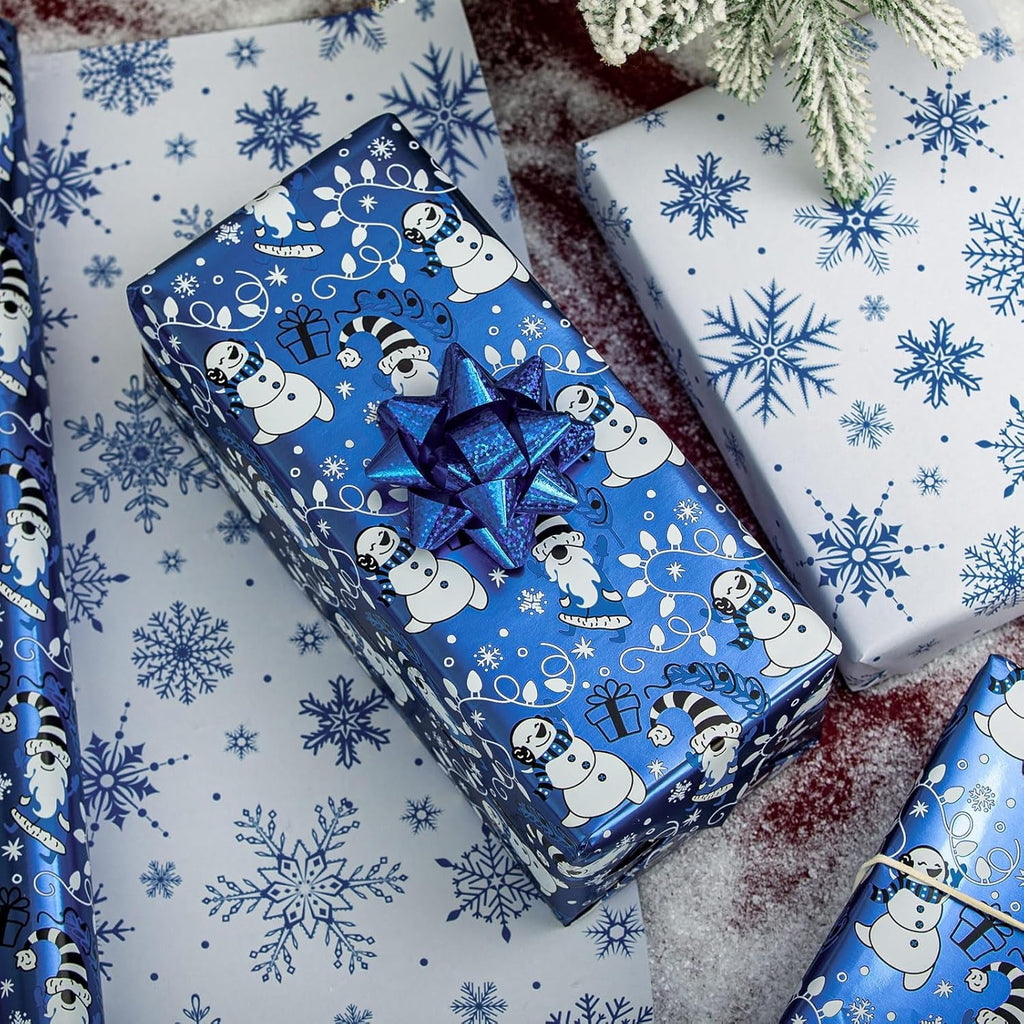 Christmas Wrapping Paper - Mini Roll - Funny Snowman and Snowflake Pattern Blue Reversible Gift Wrap for Winter Holiday Festive Celebration - 43Cm X 10M