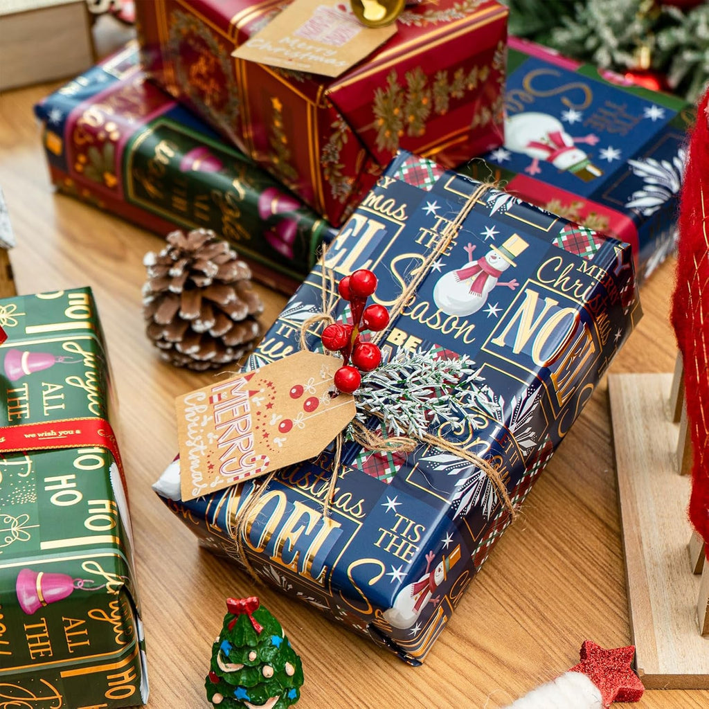 Christmas Wrapping Paper - Santa Claus, Snowman, Christmas Tree and Bell Design - 4 Rolls - 43.5X305 Cm per Roll