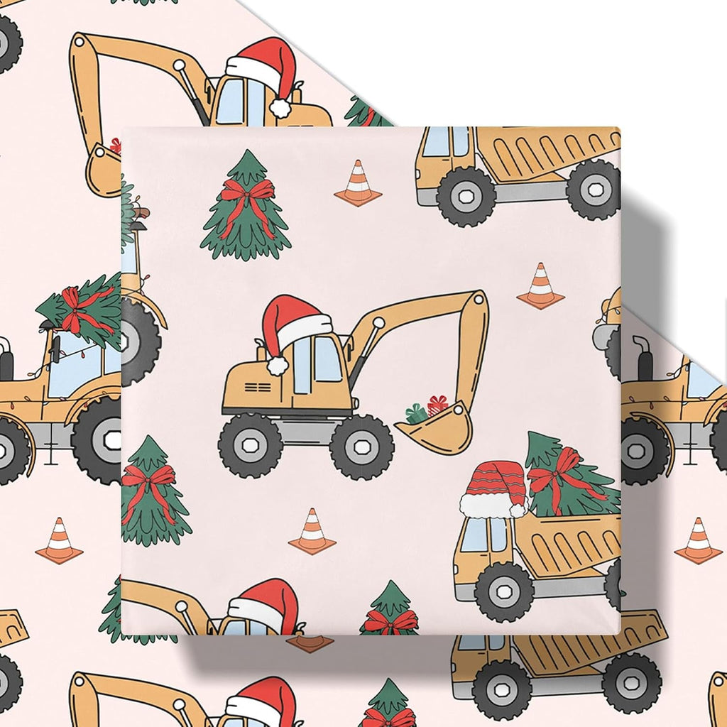 Christmas Car Wrapping Paper Roll for Boys, Mini Roll, Cute Construction Trucks with Santa Hat, Christmas Tree and Gifts Design Gift Wrap for Kids Party, 43.2Cm X 5M