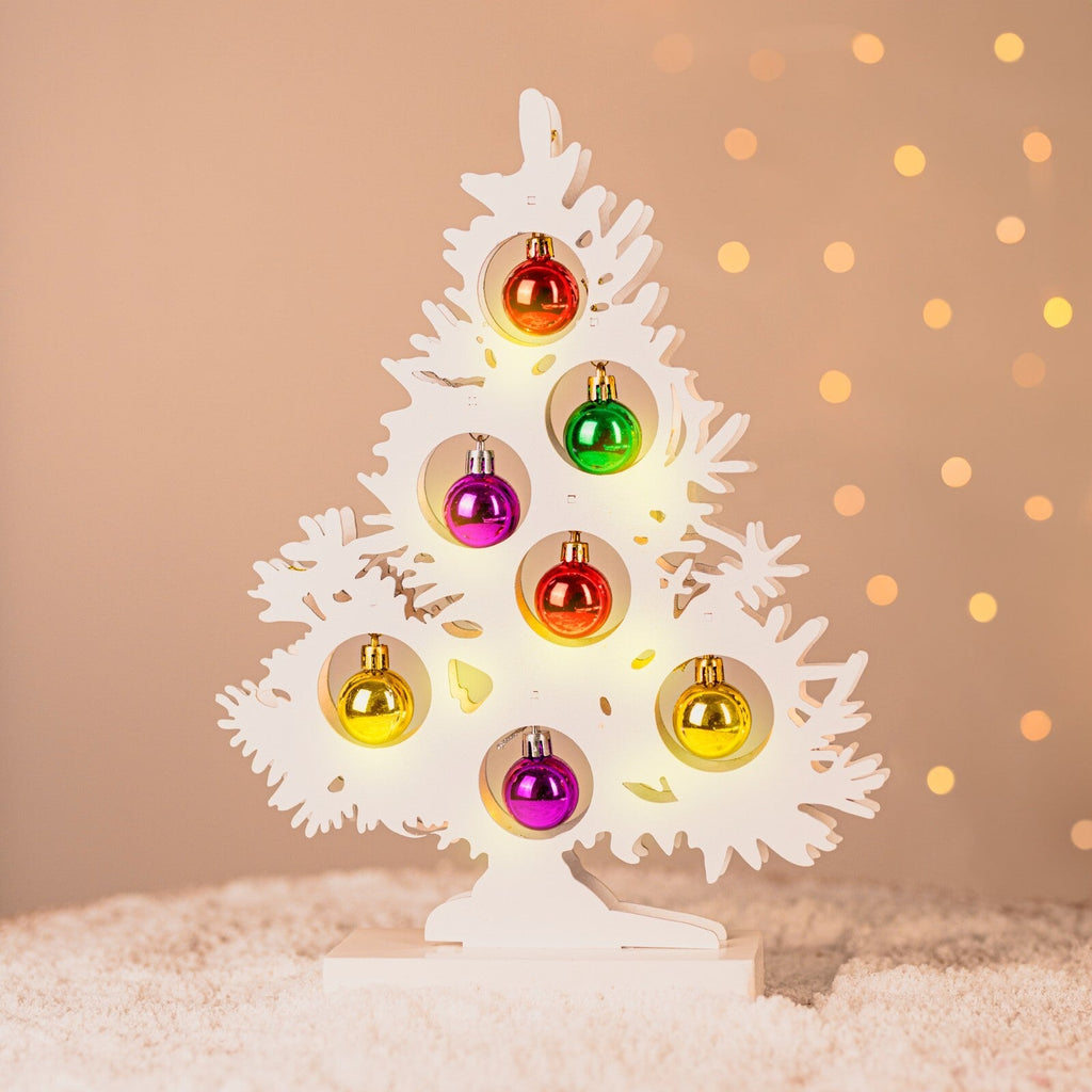 Christmas Tree Wooden Decoration with Baubles Light up Ornament White Small Xmas