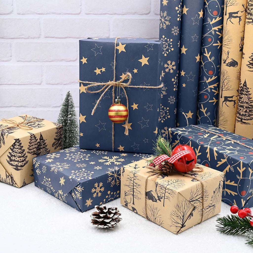 5Pack Christmas Wrapping Paper in a Roll,43 * 100Cm Recyclable Wrapping Paper with 5 Different Patterns for Xmas