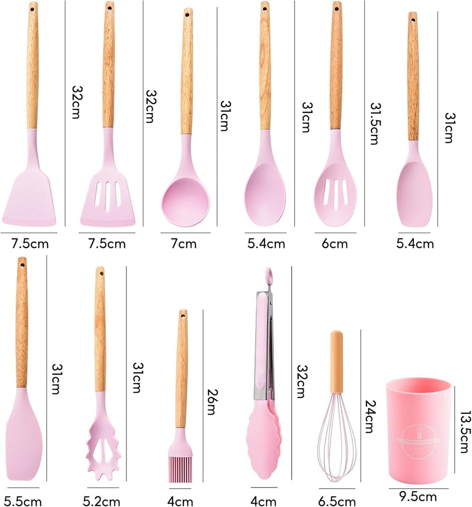 Kitchen Utensil Set, 12 PCS Silicone Cooking Utensils Set with Wooden Handle, Heat Resistant, Nonstick Cookware Tongs Spatula Spoon Set, Silicone Kitchen Utensils Set Suitable for Kitchen(Pink)