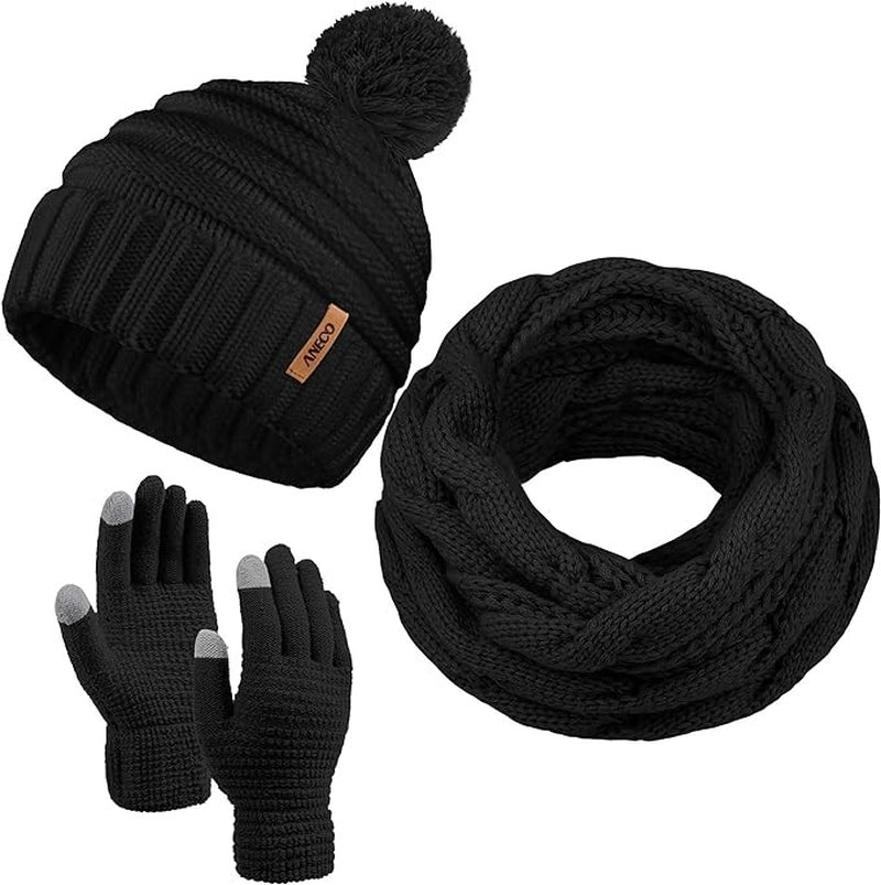 Womens Menthick Knit Hat Scarf Set and Knitted Touchscreen Warm Gloves Winter