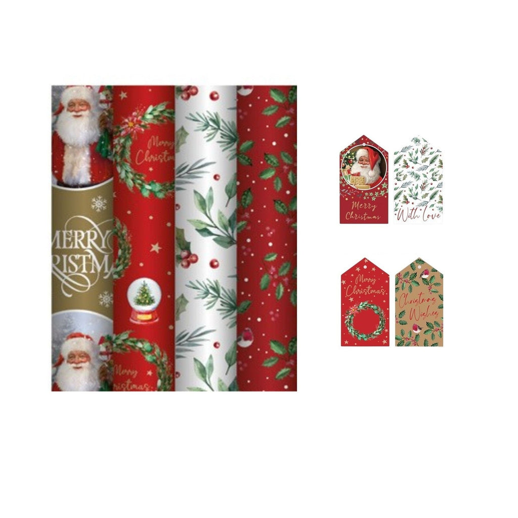 4 Rolls Traditional Christmas Wrapping Paper 7M Gift Wrap & 16 Matching Tags