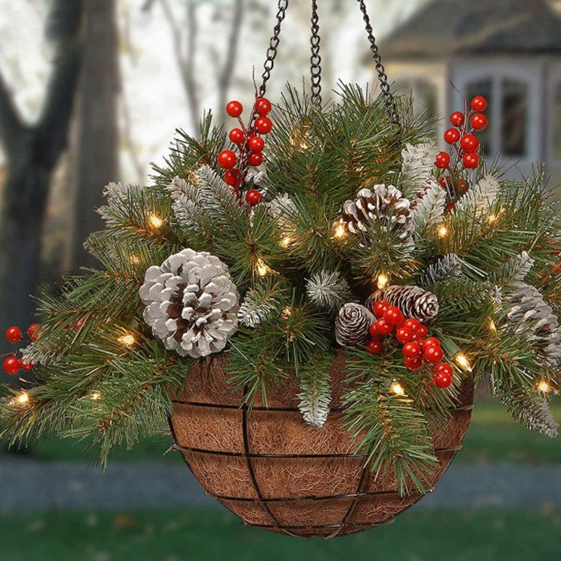 Pre-Lit Artificial Plants Hanging Basket Decorated with Berry Frosted Pine Cones