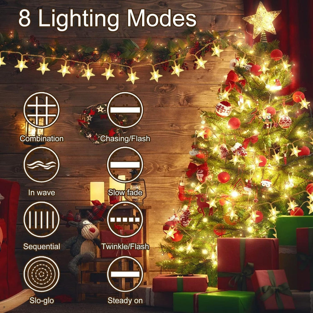 Plug in LED String Lights, Mains Powered 100 LED Star Christmas Lights with Remo