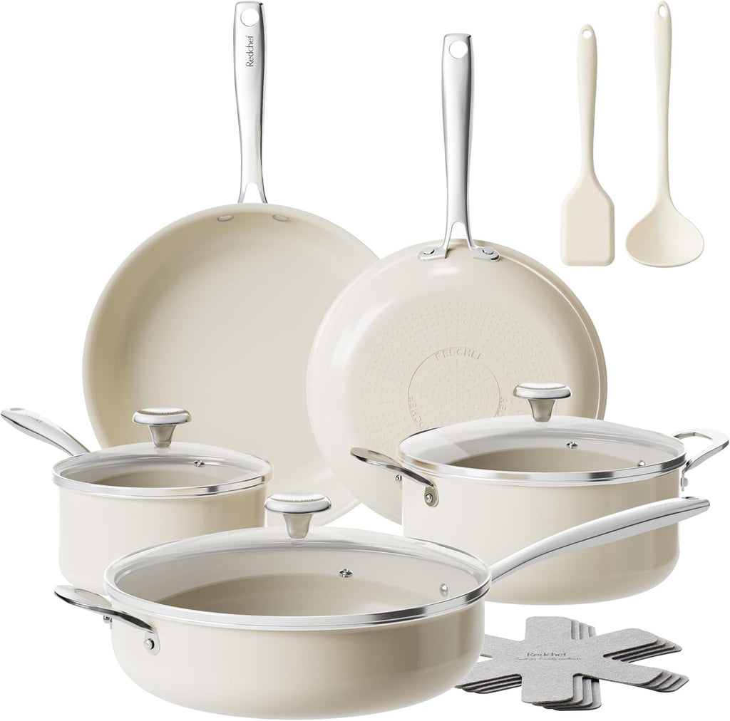 Ceramic Nonstick Cookware Set,14Pcs Pots and Pans Set Non Stick,Induction Hob Pan Set with Stainless Steel Handle,Non Toxic Kitchen Cooking Set,Dishwasher/Oven Safe,Pfas PFOA & PTFE Free
