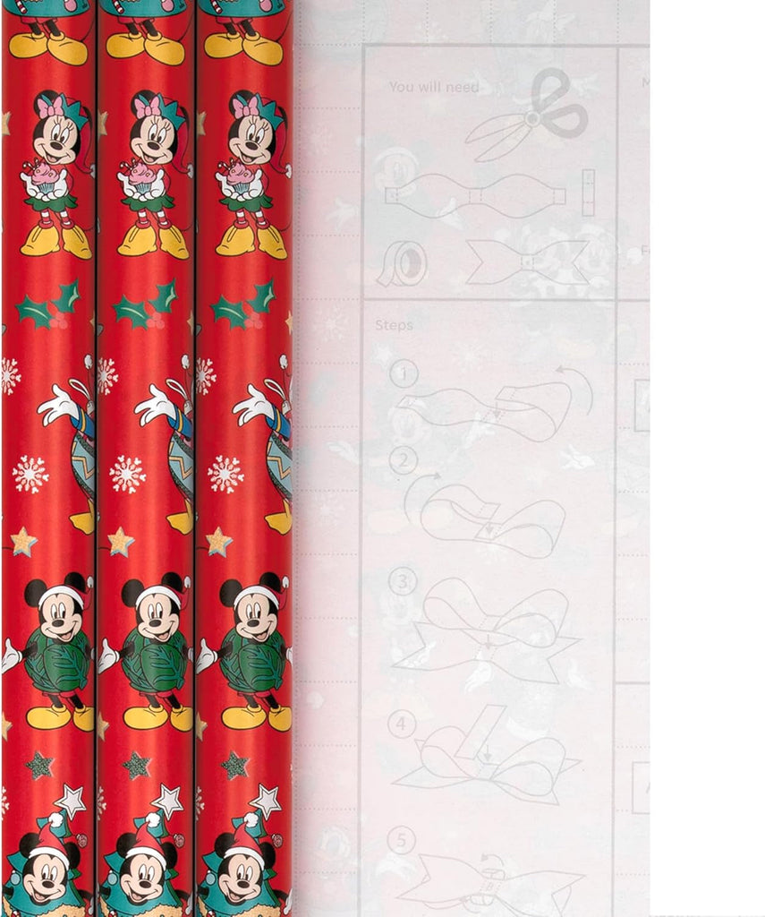 Wrapping Paper, Roll Wrap, Pack of 3, Disney, Mickey Mouse, Minnie Mouse, Christmas, Red, 4M Each