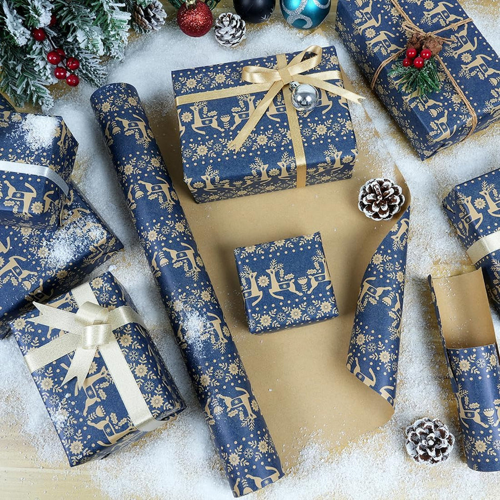 Christmas Wrapping Paper Roll, 43CM X 15M Navy Blue Vintage Xmas Wrapping Paper