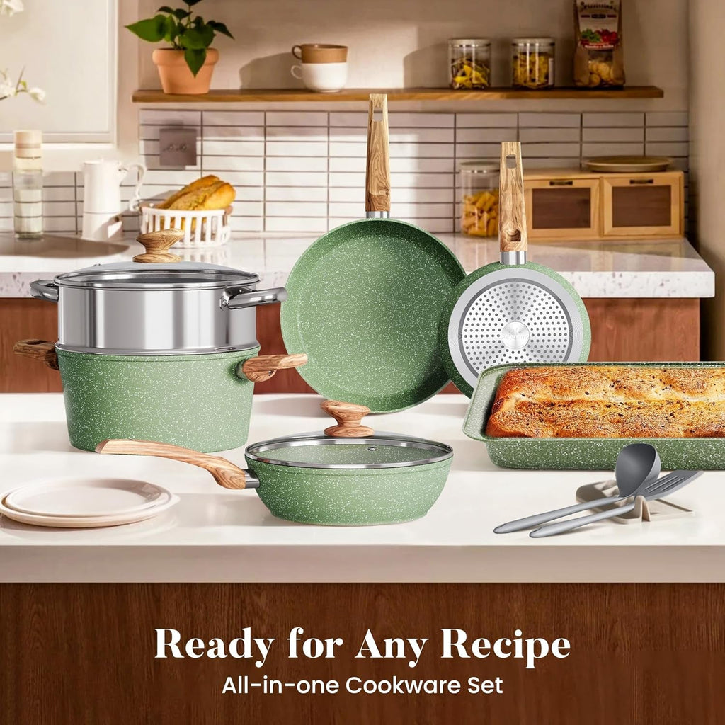 17 Pcs Pots and Pans Set Non Stick, Induction Kitchen Cookware Set, Green Healthy Nonstick Granite Coated Saucepans Frying Pans Set, PFOA & PFOS Free