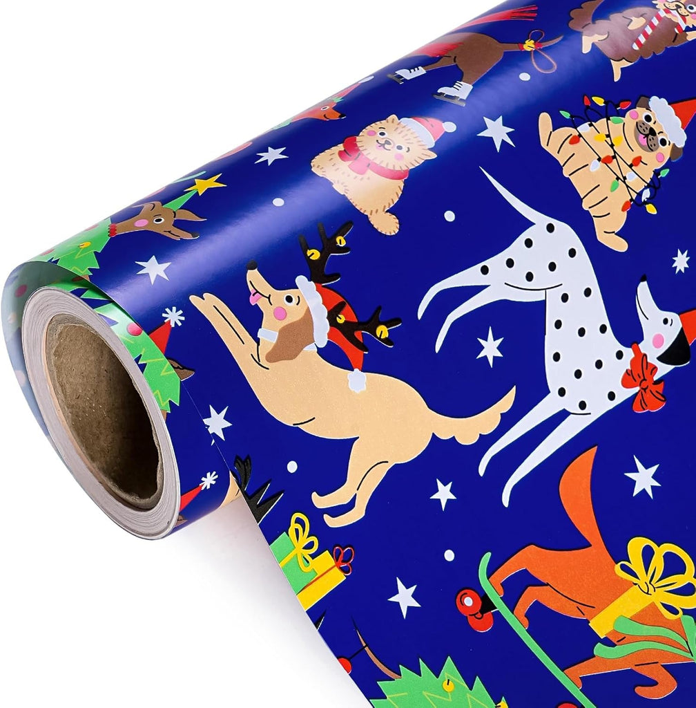 Dog Christmas Wrapping Paper - Mini Roll - 43.2Cm X 5M - Adorable Christmas Dog Wrapping Paper for Xmas, Party Celebration