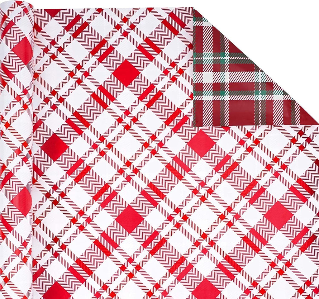 Reversible Christmas Wrapping Paper Roll, Classic Red & White Plaid Gift Wrap for Christmas, Holiday, Winter Party, 43Cm X 10M