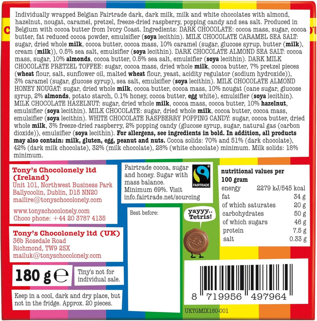 Tiny Tony'S Gift Box - 180G Mini Chocolate Mix to Share, 10 Different Flavours, Individually Wrapped, Vegetarian, Belgian Fairtrade Chocolates