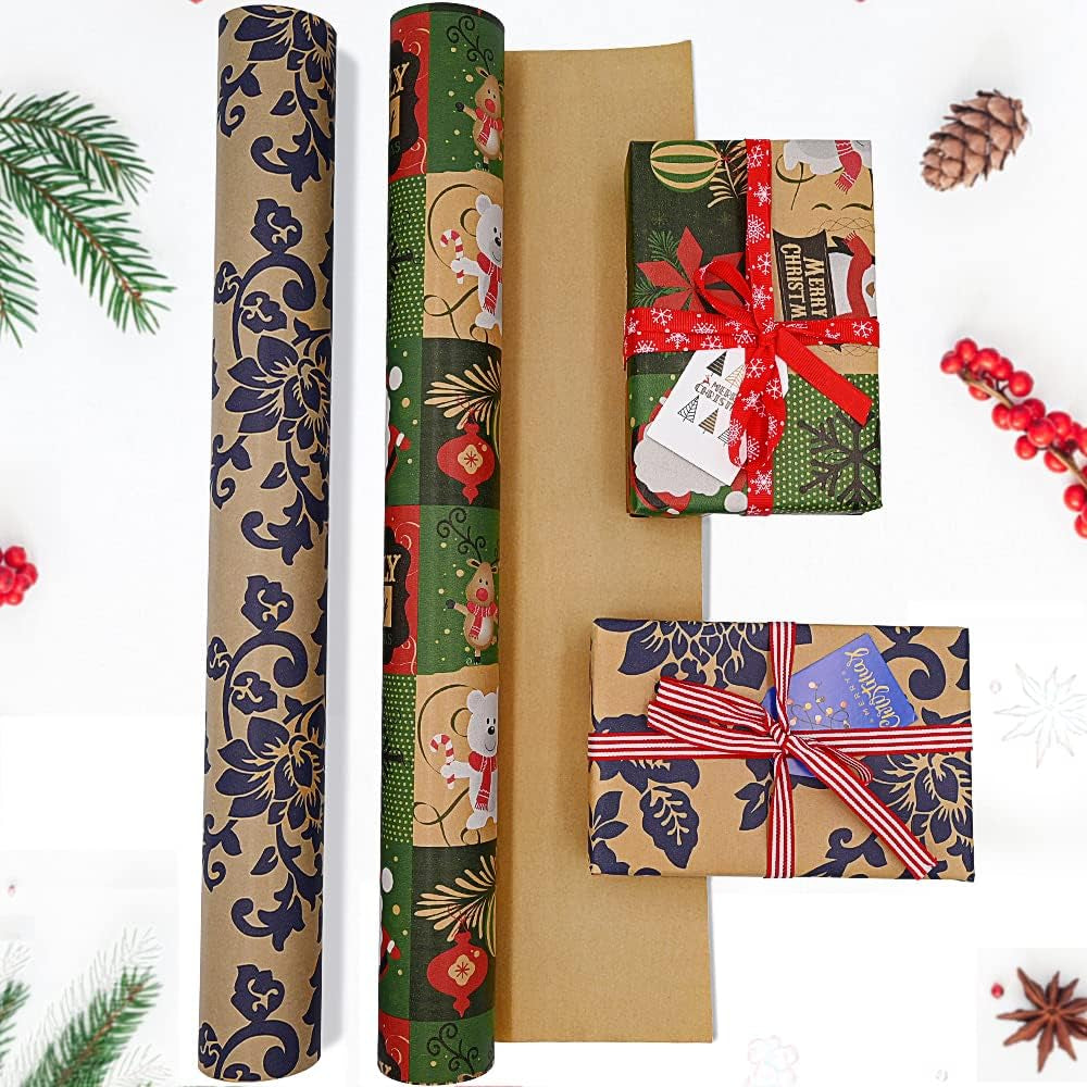 43Cm X 15M Roll Package Christmas Wrapping Paper, Kraft Paper Printed with Christmas Pattern Recyclable Wrapping Paper for Xmas Party Gift Wrap