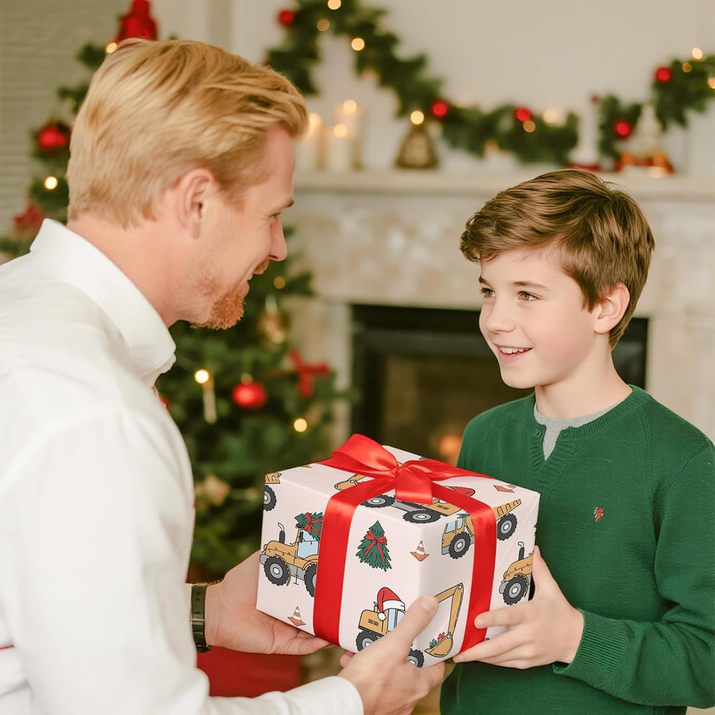 Christmas Car Wrapping Paper Roll for Boys, Mini Roll, Cute Construction Trucks with Santa Hat, Christmas Tree and Gifts Design Gift Wrap for Kids Party, 43.2Cm X 5M