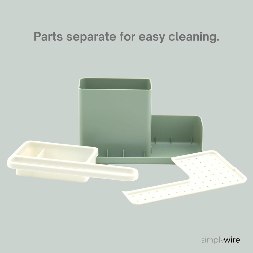 – Sink Tidy/Caddy – Kitchen Sink Organiser – Removable Drip Tray – Non-Slip - Sage Green & White