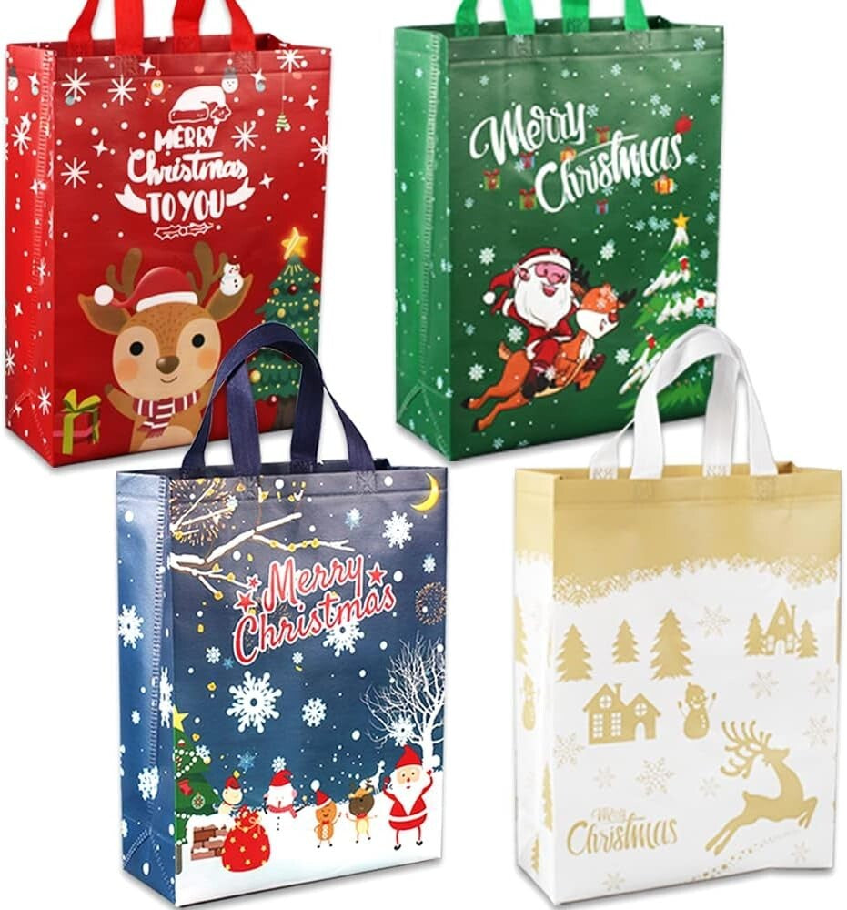 4 Pack Christmas Reusable Grocery Bag,Large Tote Bag with Handle, Gift Present