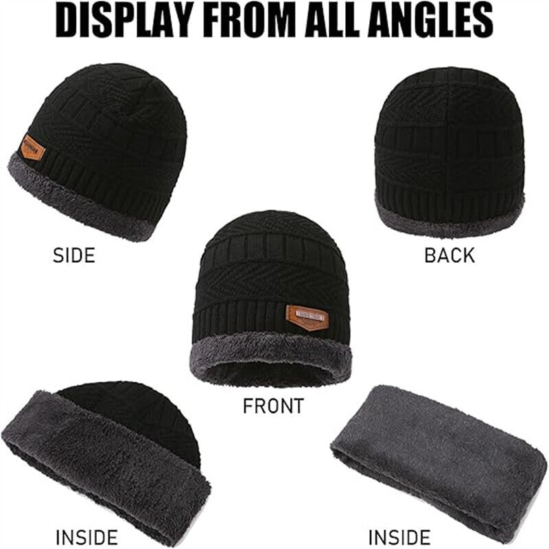 3PCS Hat Scarf Gloves Set Fleece Warm Knit Neck Warmer Wool Thermal Cap Outdoor