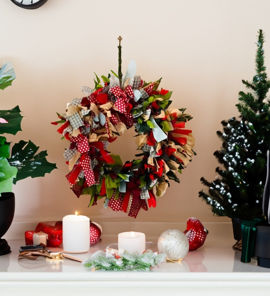 Christmas Wreath Multi Colour Recycled Fabric Wreaths round 30 Cm X 30 Cm