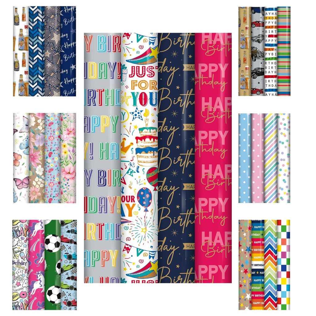 Pack of 4 X 3M Happy Birthday Gift Wrapping Paper Roll - Assorted Designs