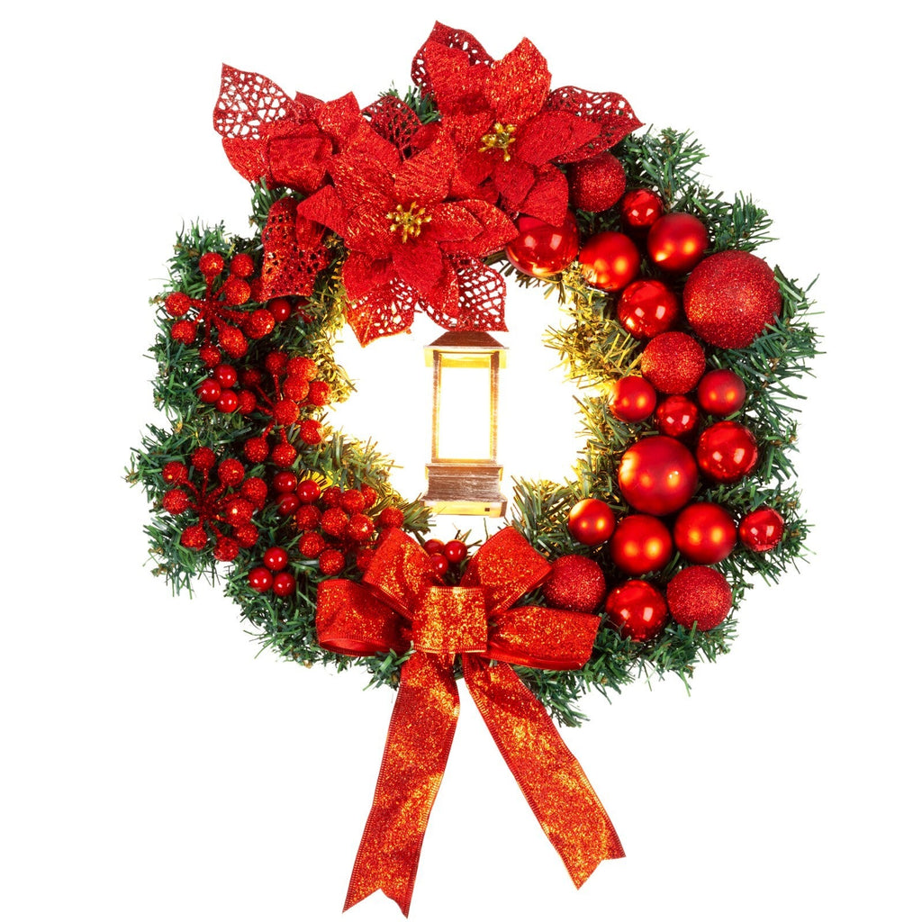 Artificial LED Christmas Wreath Pine Green Decorative Hanging Xmas Door 40Cm Bow