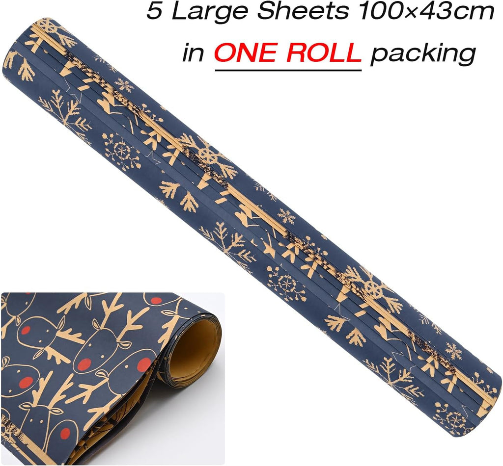 5Pack Christmas Wrapping Paper in a Roll,43 * 100Cm Recyclable Wrapping Paper with 5 Different Patterns for Xmas