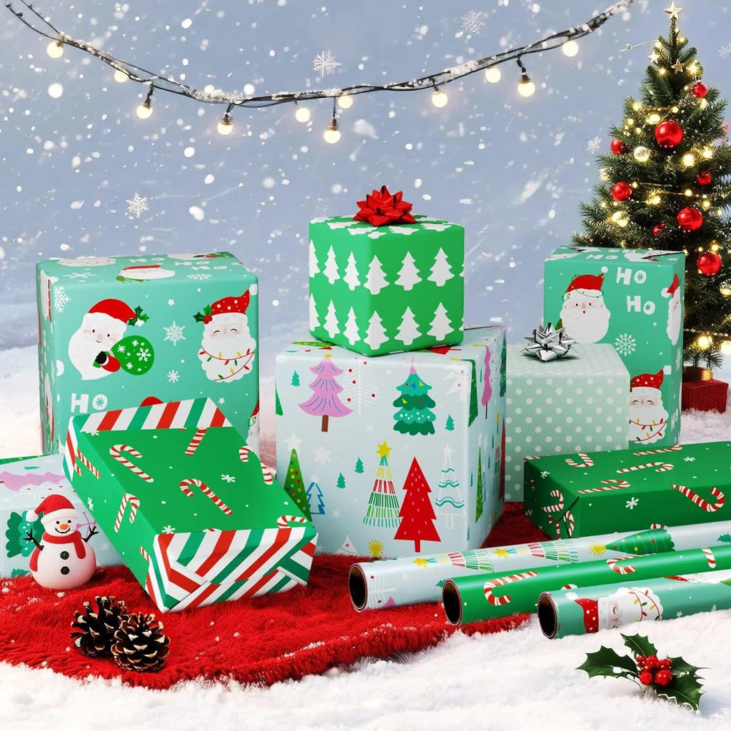 Reversible Christmas Wrapping Paper - 3 Rolls 17”X 120”Santa Wrapping Paper Rolls Classic Santa Winter Tree Candy Canes Gift Wrap Papers for Girls Boys Xmas Holiday Polka Dot Stripes Design