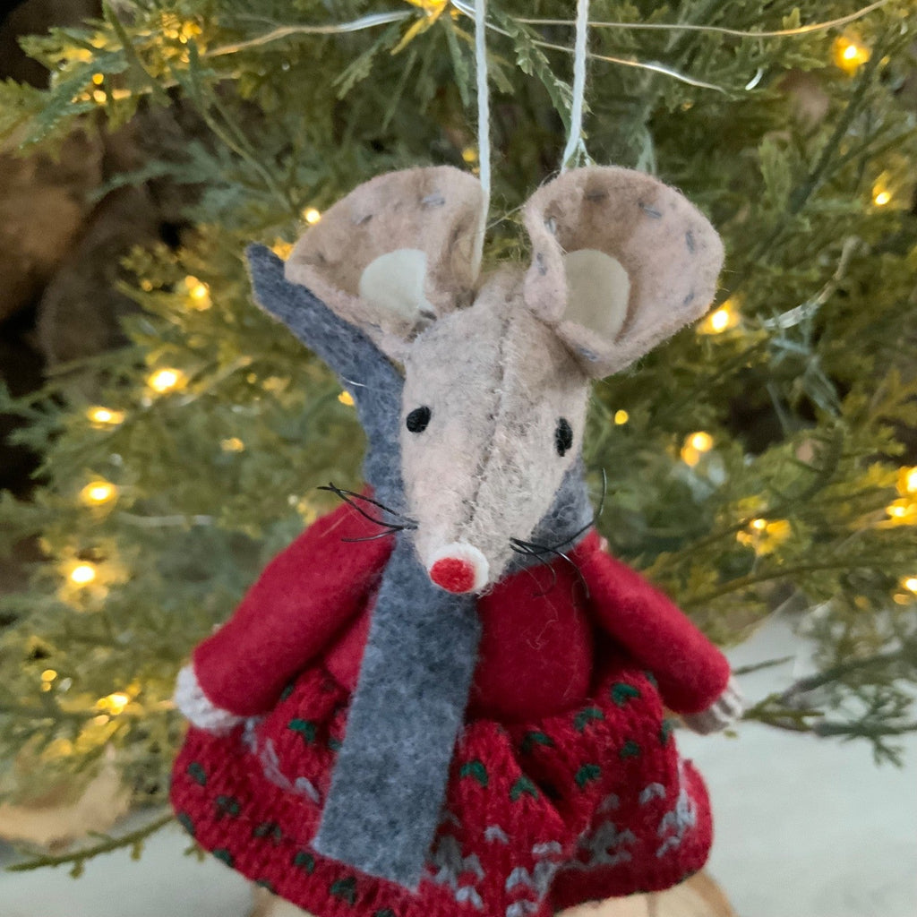 Red Hanging Mouse Girl Christmas Tree Decoration Fairisle Dress Fabric Felt