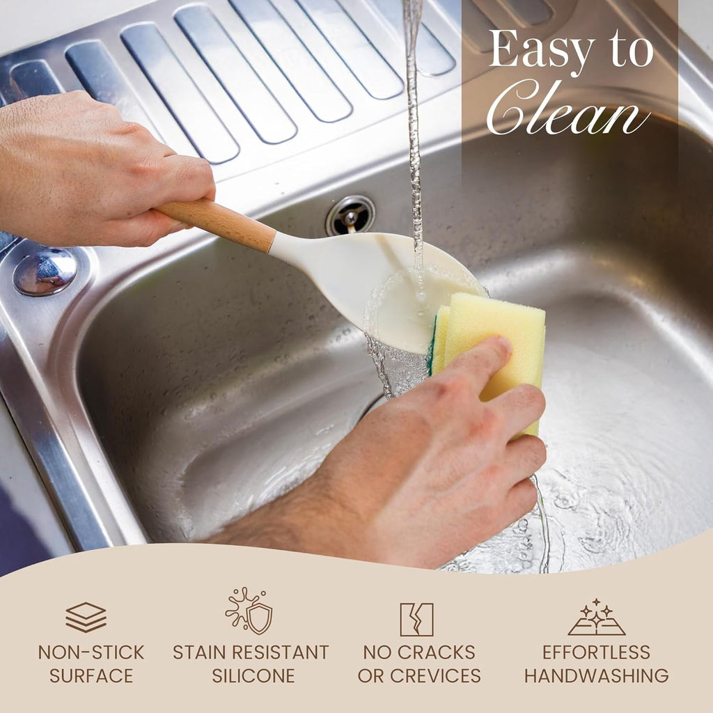 Kitchen Non Stick Cooking Utensils Set – Heat Resistant Silicone Utensils with Wooden Handle – Ladles, Spoons and Spatulas Set – Kitchen Tools & Accessories – 35Pcs, Cream – by