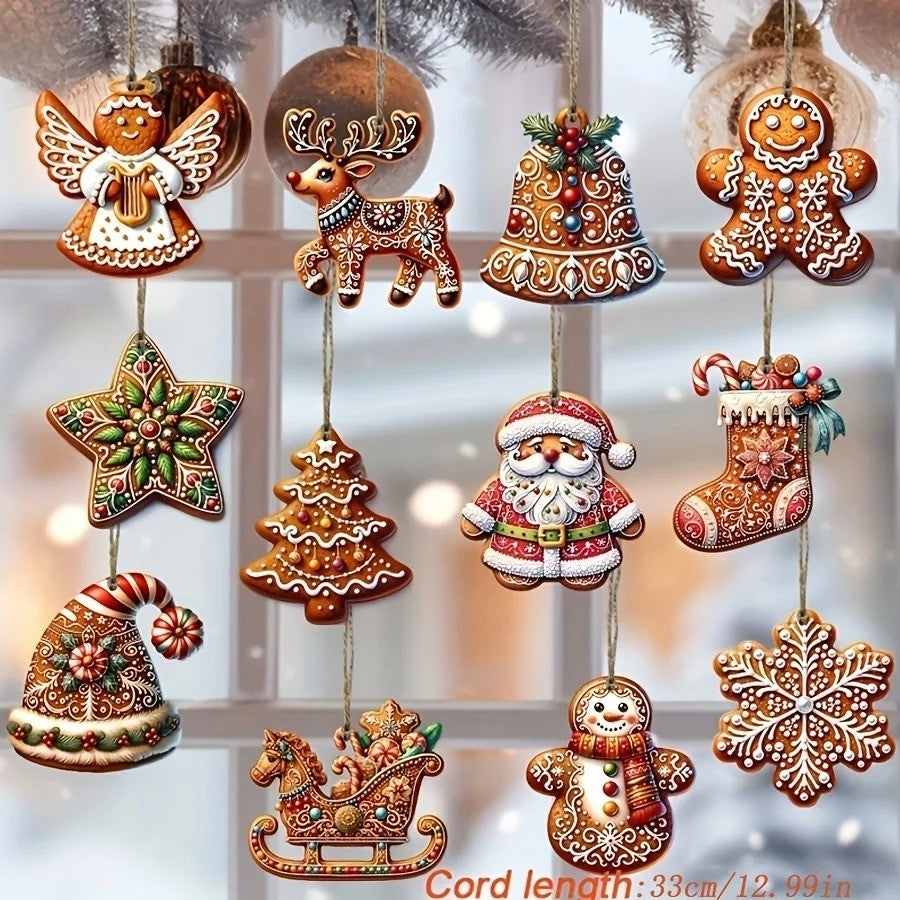 12PCS Christmas Tree Decoration Wooden Gingerbread Motifs Christmas Decoration
