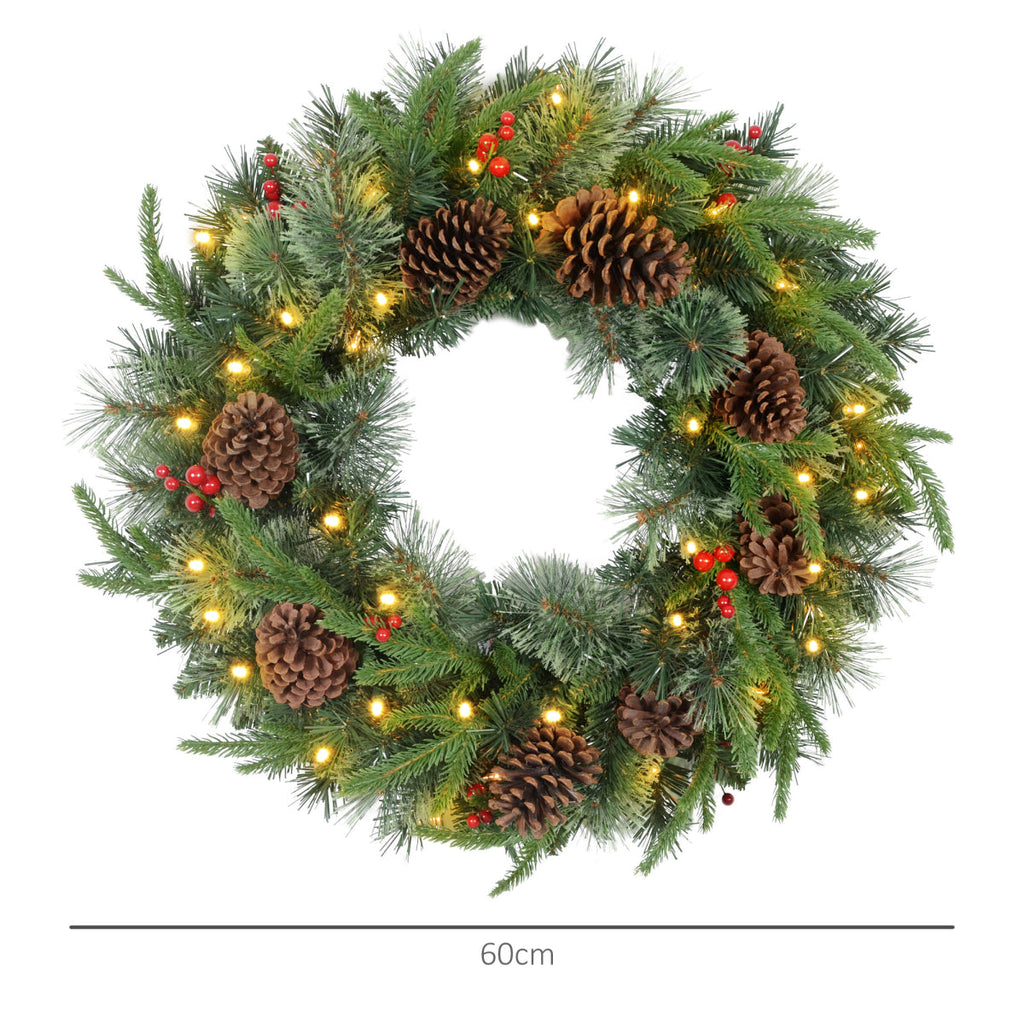 HOMCOM 60Cm Christmas Wreath with LED Lights Pine Cones Red Berries Green