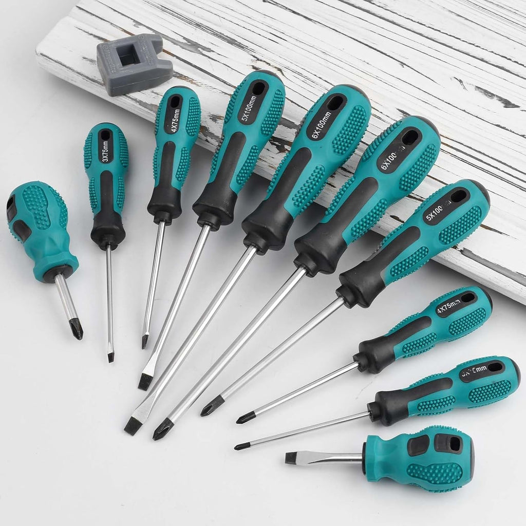 10Pcs Screwdriver Set,Heavy Duty Chrome Vanadium Steel Made,Magnetic Screwdriver with 5 Cross& 5 Flat Head,Durable Hand Tools in Carry Bag