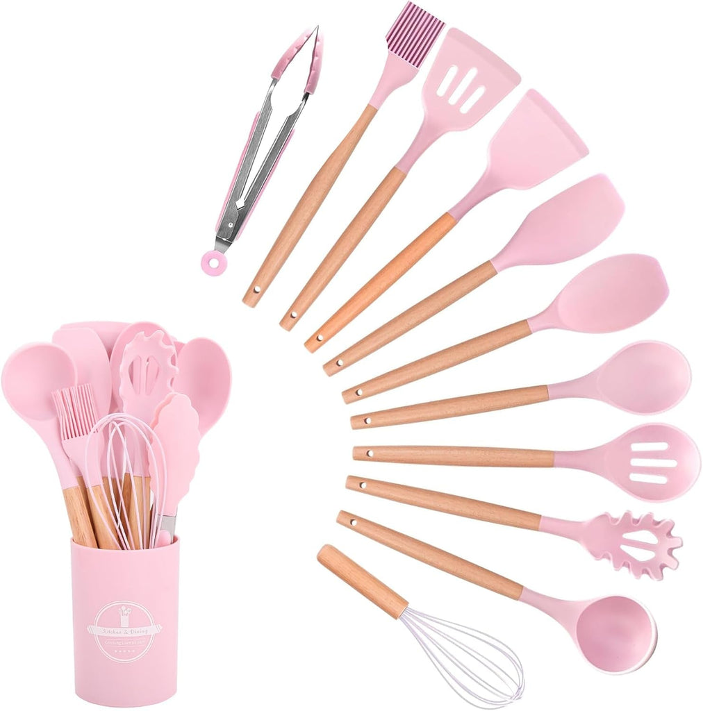 Kitchen Utensil Set, 12 PCS Silicone Cooking Utensils Set with Wooden Handle, Heat Resistant, Nonstick Cookware Tongs Spatula Spoon Set, Silicone Kitchen Utensils Set Suitable for Kitchen(Pink)