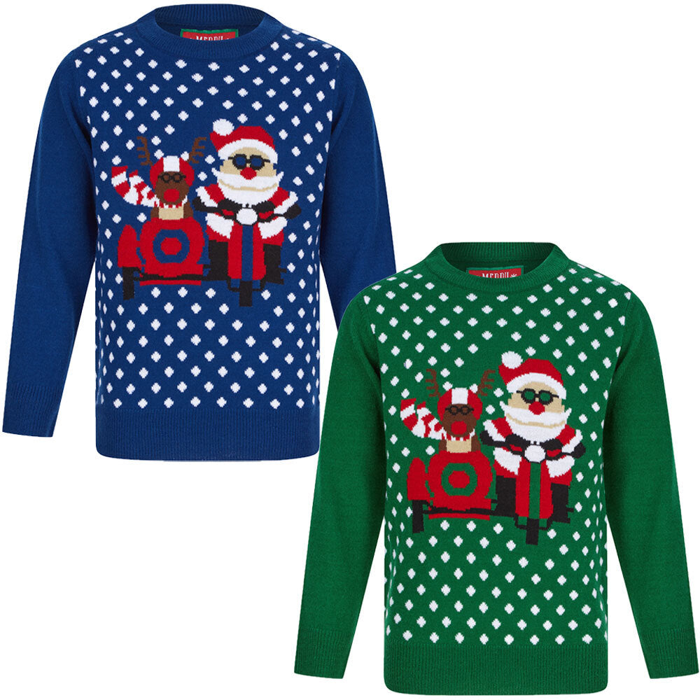 Kids Boys Christmas Jumper Sidecar Polka Dot Xmas Sweater Pullover Novelty