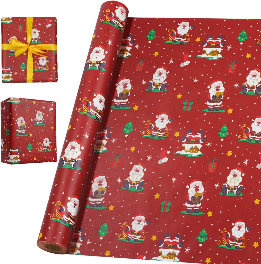 16M Red Gift Wrapping Paper Roll, 43Cm Recyclable Kraft Paper Print with Santa Claus for Christmas, Birthday, Baby Shower, Party Gift Decoration