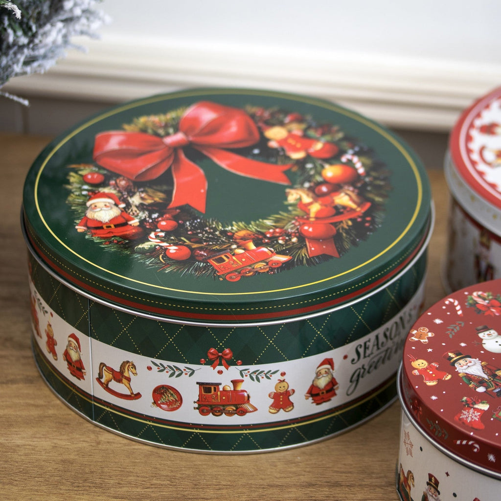 3Pc Festive Christmas Nesting Cake Tins Set Metal Xmas Kitchen Baking Storage