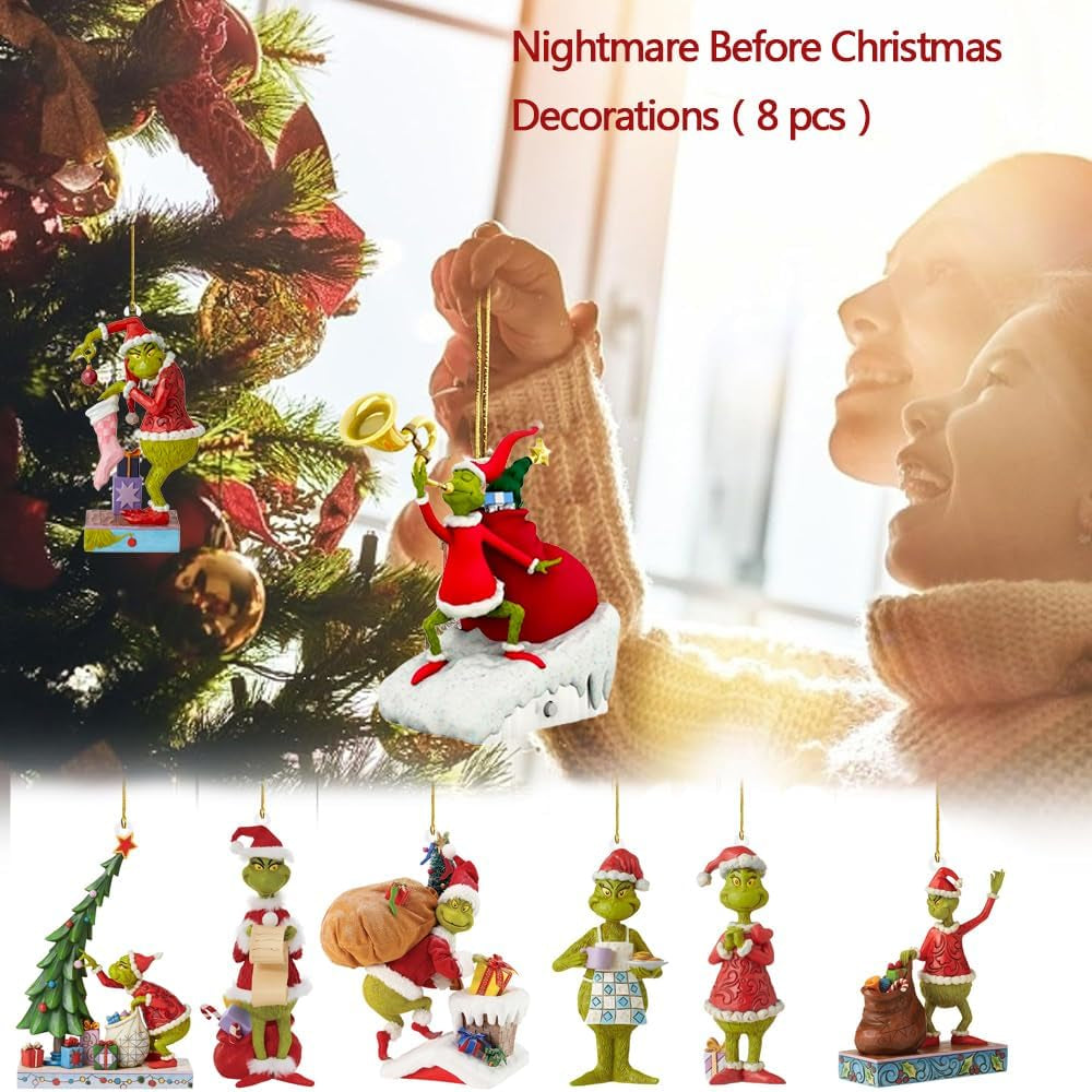 YOOYEH 8PCS Grinch Christmas Ornament Set - Fun Santa Stocking Cap Decor