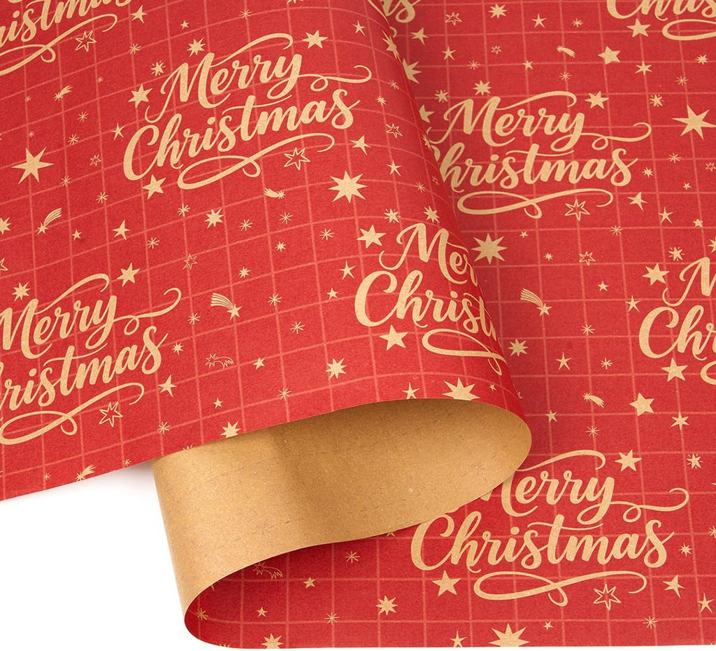 15M Red Gift Wrapping Paper Roll, 43Cm Recyclable Kraft Paper Print with "Merry Christmas" and Star for Christmas, Birthday, Baby Shower, Party Gift Decoration