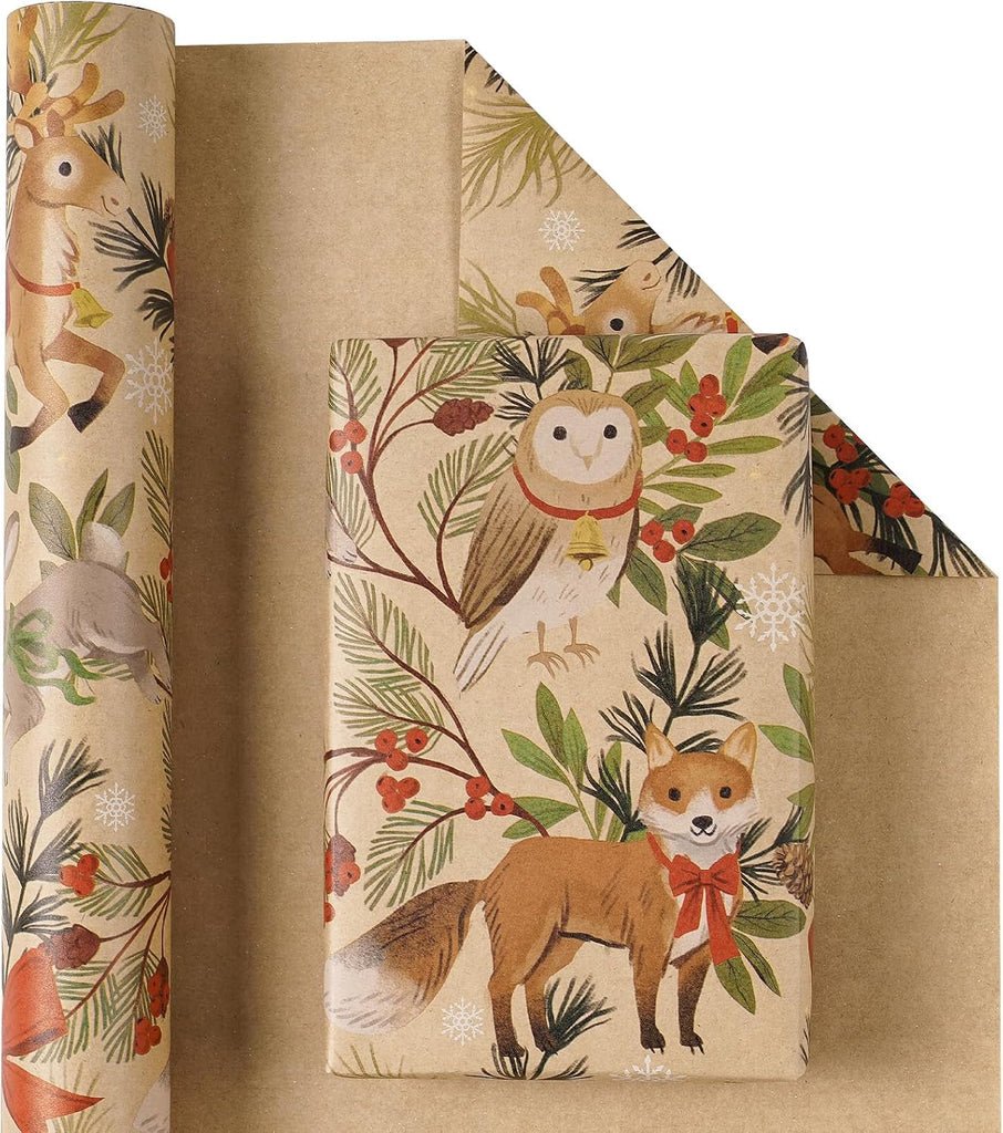 Christmas Wrapping Paper Roll for Boys Girls, Mini Roll, Woodland Animal Design with Fox, Reindeer, Owl and Bunny, Kraft Gift Wrap for Christmas, Winter Party, 43.2Cm X 5M