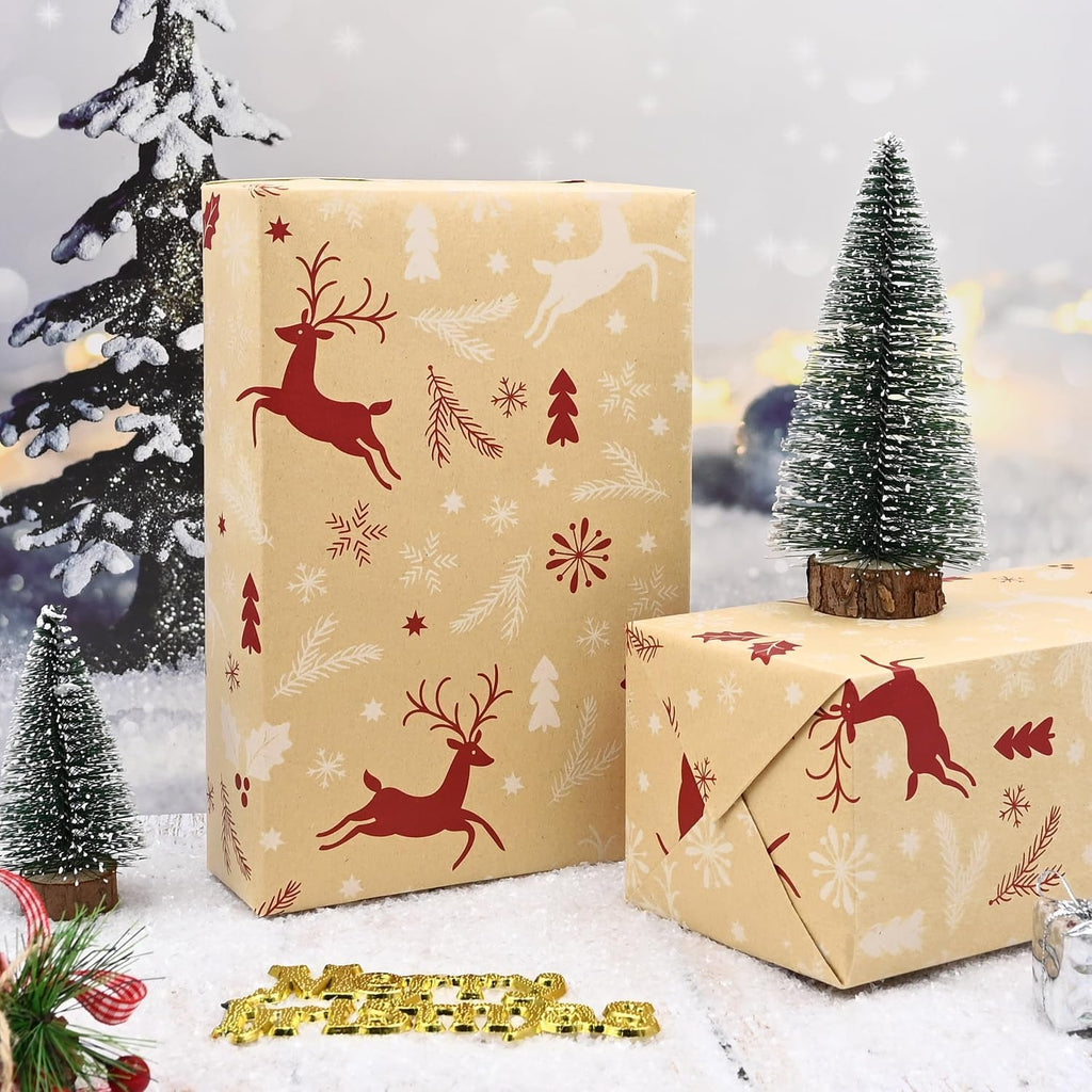 Christmas Wrapping Paper 5Pcs, 70 * 50Cm Brown Kraft Wrapping Paper for Xmas,Red White Deer Snowflake Design