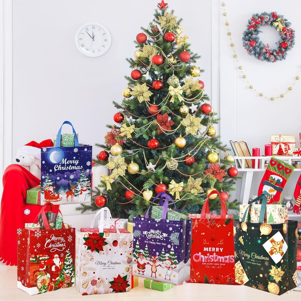 6 Pack Christmas Tote Bag, Extra Large Reusable Grocery Bag with Handle, Present