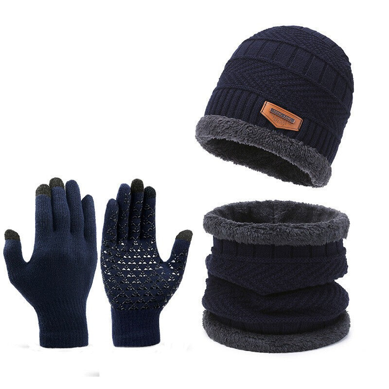 3PCS Hat Scarf Gloves Set Fleece Warm Knit Neck Warmer Wool Thermal Cap Outdoor