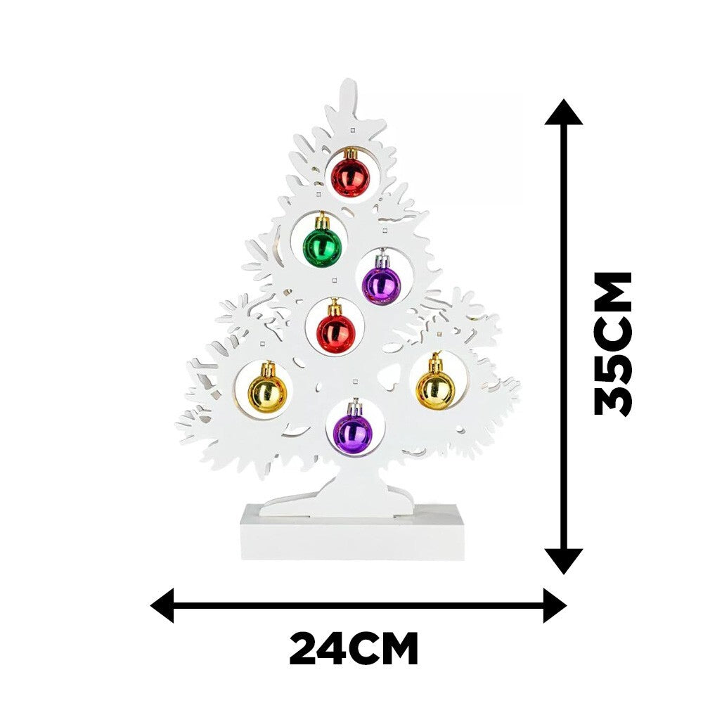 Christmas Tree Wooden Decoration with Baubles Light up Ornament White Small Xmas
