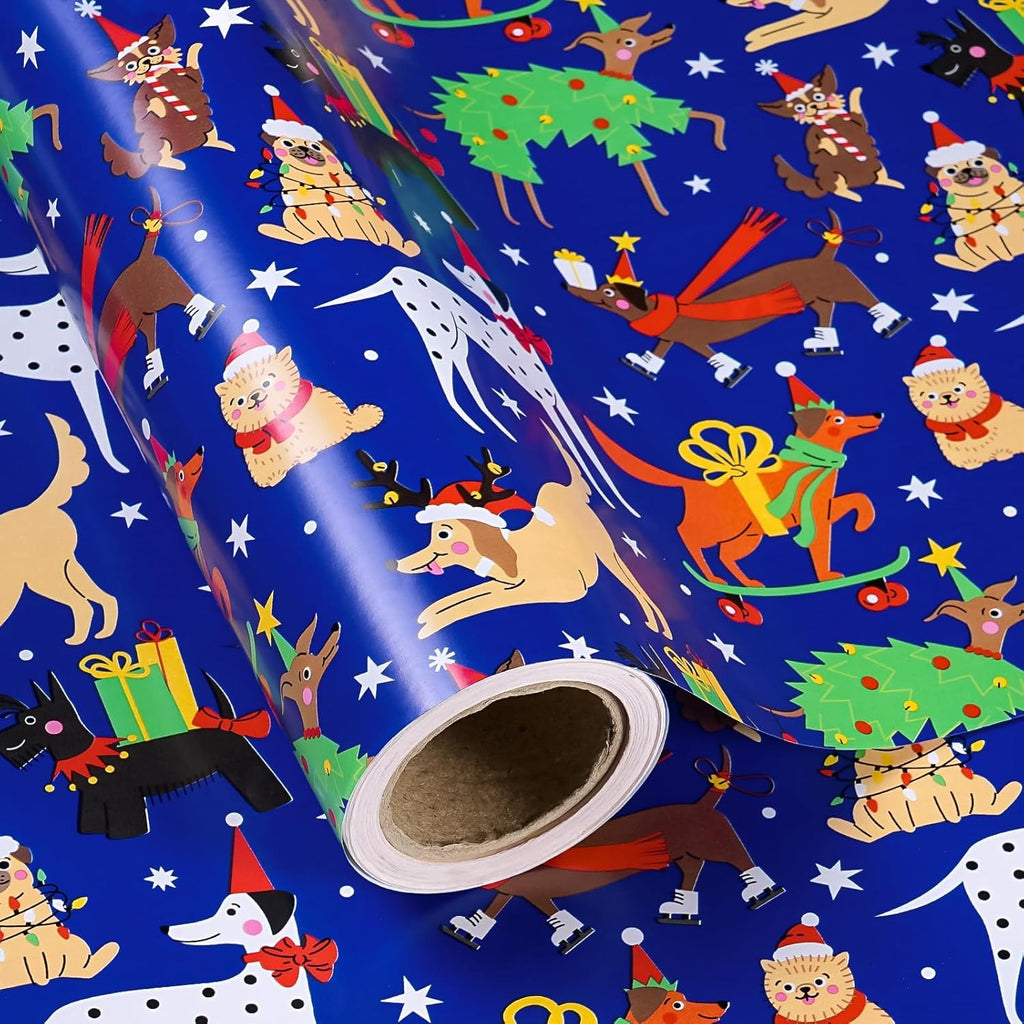 Dog Christmas Wrapping Paper - Mini Roll - 43.2Cm X 5M - Adorable Christmas Dog Wrapping Paper for Xmas, Party Celebration