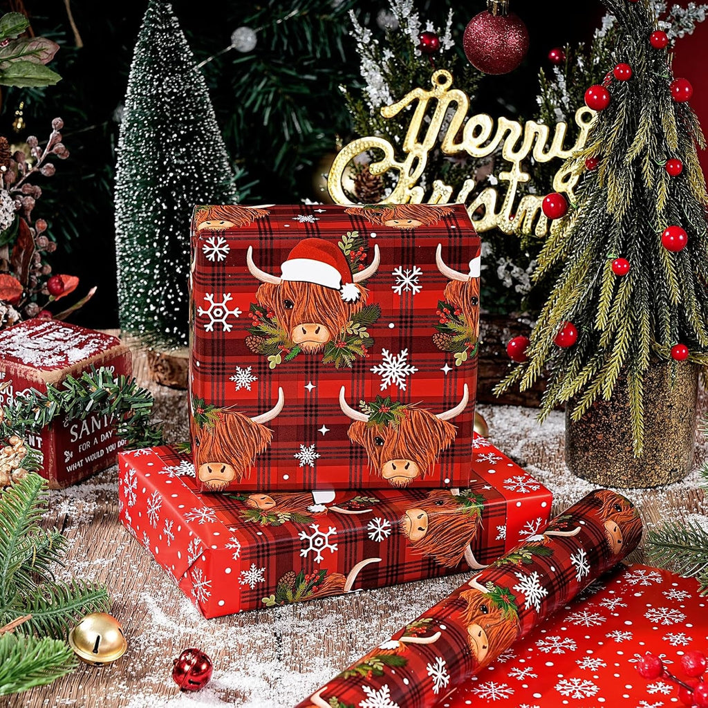 Reversible Cow Christmas Wrapping Paper - Mini Roll - 43.2Cm X 10M - Highland Cow and Snowflake Wrapping Paper for Xmas, Party Celebration