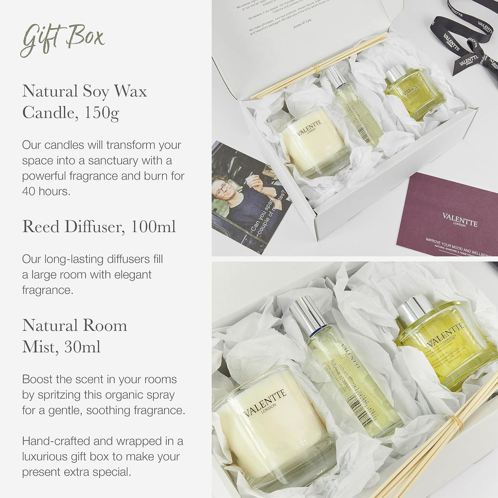 Scented Gift Box with Candle, Reed Diffuser, and Room Mist, Aromatherapy Essential Oils, Long Lasting Fragrance, Made in the UK (Jasmine and Rosewood) (150G, 100Ml, 30Ml) -